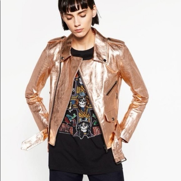 ZARA | Metallic Rose Gold Women's Vegan Leather Jacket - Picture 1 of 14